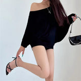 GETADME Solid Oversized T-shirt for Women's Casual Loose Tops Fashion Bat Sleeves Simple Sexy Off Shoulder Korean Baggy T shirts Autumn