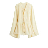 GETADME V-Neck Lace Up Waist Cinching Shirt Woman Casual Set Pleated Loose Solid Color Skirt Chic Elegant Versatile Baggy Women's Suits