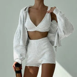 GETADME 솔리드 스포츠 3피스 세트 크롭 베스트 후드 트랙수트 여성 캐주얼 스웨트셔츠 코트 미니 반바지 매칭 세트 스포츠웨어 3피스 아웃핏