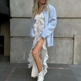 GETADME Fashion Ruffled Suspender Dress For Women Sexy Slit Slim Long Dress Sleeveless Lace Splice Summer Vacation Clothes Lady