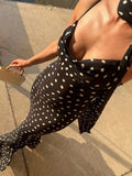 GETADME Retro Polk Dot Long Dress With Ribbon Women Sexy Low Cut Sleeveless Pleated Slim Evening Dresses Female Spring Chic Street Party