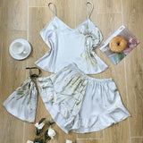 GETADME 3 Pcs Summer Women Dress Silk Pajamas Fashion Print Suspenders and Shorts With Hanging Bag Home Wear Set Sexy