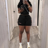 GETADME 2025 Summer Slimming Sporty Sets Letter Embroidered Short Sleeve T-shirt and Tassel Elastic Waist Shorts Women 2Pcs Outfits