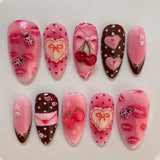 GETADME 24PCS Summer Colorful Almond False Nail with 3D Flower Beach Paintings Press on Fake Nail Full Cover Wearable Manicure for Women
