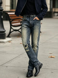 GETADME 【HME】Men's jeans | High quality men denim pants with distressed detail, loose straight leg denim design, natural worn wash texture, reinforced knee rip patches, frayed ankle cuffs, neat sewing process, high tolerance for leg shapes, multi-scene ma