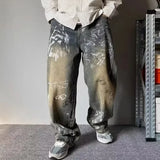 GETADME New Graffiti Printed Baggy Jeans For Men Y2K Vintage Distressed Blue Harajuku Denim Pants High Street Straight-leg Jean Trousers