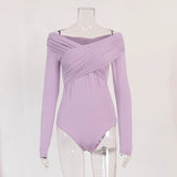 GETADME Autumn 2025 Fashion Overlapping Fold Off-the-shoulder Solid Color Female Bodysuit Long Sleeved Simple All-match Slim Basic Top