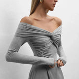GETADME Trendix Cross Neck Long Sleeve Shirts For Women Sexy Off Shoulder Solid Slim Short Tops Club Casual Party Bodycon T-shirt Ladies