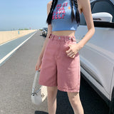 GETADME Summer New Korea Fashion Loose Women Jeans Shorts Purple Pink High Waist Straight Pockets Female Wide Short Pants
