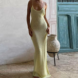 GETADME Vintage Crochet Backless Tie Up Long Dress Beach Boho Knitted Maxi Dresses Women Sleeveless Slim Split Dress Cocktail Club Party