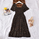 GETADME French Style Vintage Square Collar Fragrant Flower Dress Women's Petite High-Waisted Puff Sleeve Sweet Cropped Dress Spring