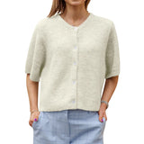 GETADME Lamuusaa y2k Sweaters 2000s Clothes Solid Color Round Neck Single Breasted Short Sleeve Cardigan Tops for Women Streetwear