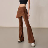 GETADME Fake 2 Pieces Women's Yoga Pants Elastic Boot Cut Lady's Sportswear Chic Shirring Long Trousers High Waist Slim Gym Flare Pant