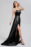 GETADME FATAPAESE 프롬 드레스 스판덱스 새틴 슬릿 사이드 드레스 A라인 스쿱 스트레치 슬립 새틴 하이 스플릿 롱 심플 이브닝 파티