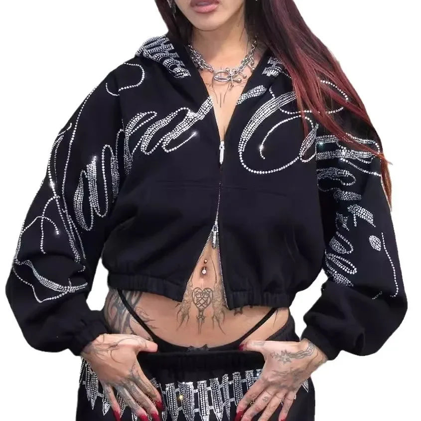 Ensemble GETADME sweat-shirt à capuche manches longues, style rétro hip-hop, coupe droite, imprimé diamant, pour fille sexy
