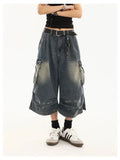 GETADME High Waist  Retro Blue Washed Denim Shorts Women's Harajuku Vintage Fashion Casual Loose Y2K Streetwear Wide Leg Cropped Pants