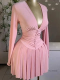 Getadme Women's Party Mini Dress 2025 Spring/summer Latest Casual Sexy Plunge Ruched Lantern Sleeve Button Daily A Line Short Skirt