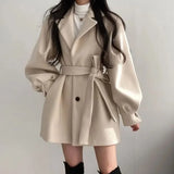 Vintage Women Coat Elegant Korean Fashion Solid Thick Warm Mid Length Lapel Belt Jacket Office Lady Slim Casual Outwear
