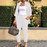 GETADME 코튼 리넨 세트 여성 봄 여름 루즈 오버사이즈 긴팔 셔츠 긴바지 2피스 세트 캐주얼 오피스 여성 바지 정장