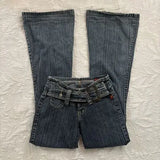 GETADME Y2K Vintage Low Rise Flare Jeans Women Harajuku Fashion Pockets Buckle Belt Blue Denim Pants Gothic Hot Girl Slim Fit Trousers