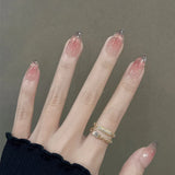 Getadme  24Pcs Metallic Cat Eye French Sheer Manicure Tip Art Textured 3D Acrylic False Nails Nude Pink Almond Medium Press on Fake Nails