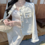 Getadme-Korean Fashion Tweed Jacket Ladies Temperament Buttons White Outwear Women High Quality French Vintage Streetwear Short Coat