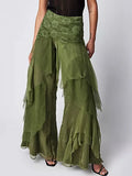 GETADME Women Y2k Aesthetic Ruffle Irregular Layered Long Pants Solid Color High Waist Wide Leg Trousers Sexy Streetwear