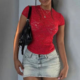 GETADME Women Vintage Lace See Through Short Sleeve T Shirt Summer O Neck Solid Pullover Female Streetwear Club Bodycon Tshirt 2025