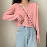 GETADME Women's Long Sleeve Cropped Cardigan V Neck Button Down Knit Lady Autumn Spring Knitted Single-breasted Cardigan Sweaters