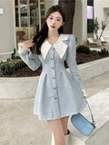Getadme-Korean Style Blue Mini One Piece Dress Women Japanese Y2k Harajuku Long Flare Sleeve Corset Princess Dresses Winter