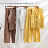 GETADME Vest Set Gold Botton OL Style 2025 New V Neck Set 2 Pieces Sweater Set For Summer Baggy Wide Leg Long Pants