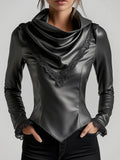 GETADME Women Cowl Neck PU Leather Lace Trim Long Sleeve Blouse Cinched Irregular Hem Solid Leather TShirt High Street Spring Streetwear