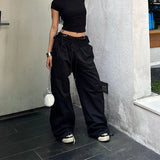 GETADME Y2K 블랙 카고 팬츠 여성 스트리트웨어 레이스업 배기 스웨트 팬츠 하라주쿠 오버사이즈 와이드 레그 조거 팬츠 갸루 트랙 팬츠