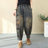 GETADME Vintage style loose Embroidery harem jeans female Casual High Waist Pockets Denim Pants women pring summer women pants