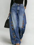 GETADME Missuoo Women's Washed Blue High-Waist Metal Grommet Wide Leg Jeans 2026 Casual Loose Fit Streetwear Pants Casual Trousers