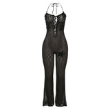 GETADME Knitted Halter High Elasticity See Through Halter Backless Solid Color Floral Appliques Club Street Low Cut Jumpsuit for Women