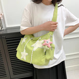 Getadme Women Star Pattern Corduroy Crossbody Bag Casual Tote Lady Simple Large Capacity Shoulder Bag Girl Travel School Bookbag Handbag