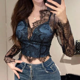 GETADME Vintage Simple V-neck Lace Hollow Out Blusas Mujer 2025 Summer New Slim Fit Shirts Women Y2k Grunge Mesh Long Sleeve Bluses