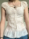GETADME Cuteandpsycho Floral Print French Lace-up Fold Shirt Sexy Slim Classic Fashion Streetwear All-match Top Button Chic 90s Clothes