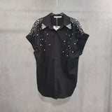 GETADME Pearls Beads Stitch Cotton Short Sleeve Blouses Shirts Women 2025 Spring Summer New Fashion Trend Loose Casual Tops Blusas