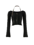Getadme 4 Fall Woman 2000s Gyaru Coquette Halter Crop Top Pullovers Slash Neck Jumper Fluffy Sweater Design Knitwears Y2K Hot Sexy Kawaii