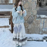 GETADME Women Sweet Vintage Mori Girl Style High Waist Splicing Plaid Long Skirt Winter New Korean Fashion Beige Lace Kawaii Maxi Skirts