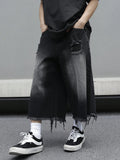 GETADME Men's Loose Ripped Denim Jeans 7 Point Calf Length Wide Leg Trousers Distressed Holes Frayed Hem Streetwear Casual Pants