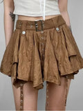 GETADME West Retro Bohemian Style Maillard Women Crumpled Layer Mini Skirt with Belt Strap Short Skirt Grunge E-Girl Y2K Acubi Outfit