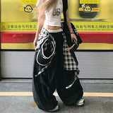 GETADME Y2K Black Cargo Pants Women Streetwear Plaid Patchwork Baggy Sweatpants Harajuku Wide Leg Joggers Summer Korean Casual Trousers