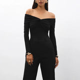 GETADME Trendix Cross Neck Long Sleeve Shirts For Women Sexy Off Shoulder Solid Slim Short Tops Club Casual Party Bodycon T-shirt Ladies
