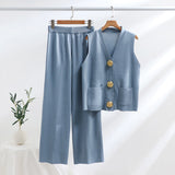 GETADME Vest Set Gold Botton OL Style 2025 New V Neck Set 2 Pieces Sweater Set For Summer Baggy Wide Leg Long Pants