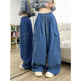 Getadme-Cool Drag Dopamine Dark Blue Overalls Men and Women Thickened Loose Wide-leg Mopping Pants Autumn and Winter Casual Pants Tide