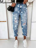 GETADME New Autumn Boyfriend Jeans Woman Slim Hole Jeans For Ladies With Five-Pointed Star Ripped Jeans Street Casual Blue Denim Pants