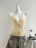 GETADME Women's Lace Camisole Tank Tops, Cream Halter Stretch Crop Dressy Tops for Date and Evening Events